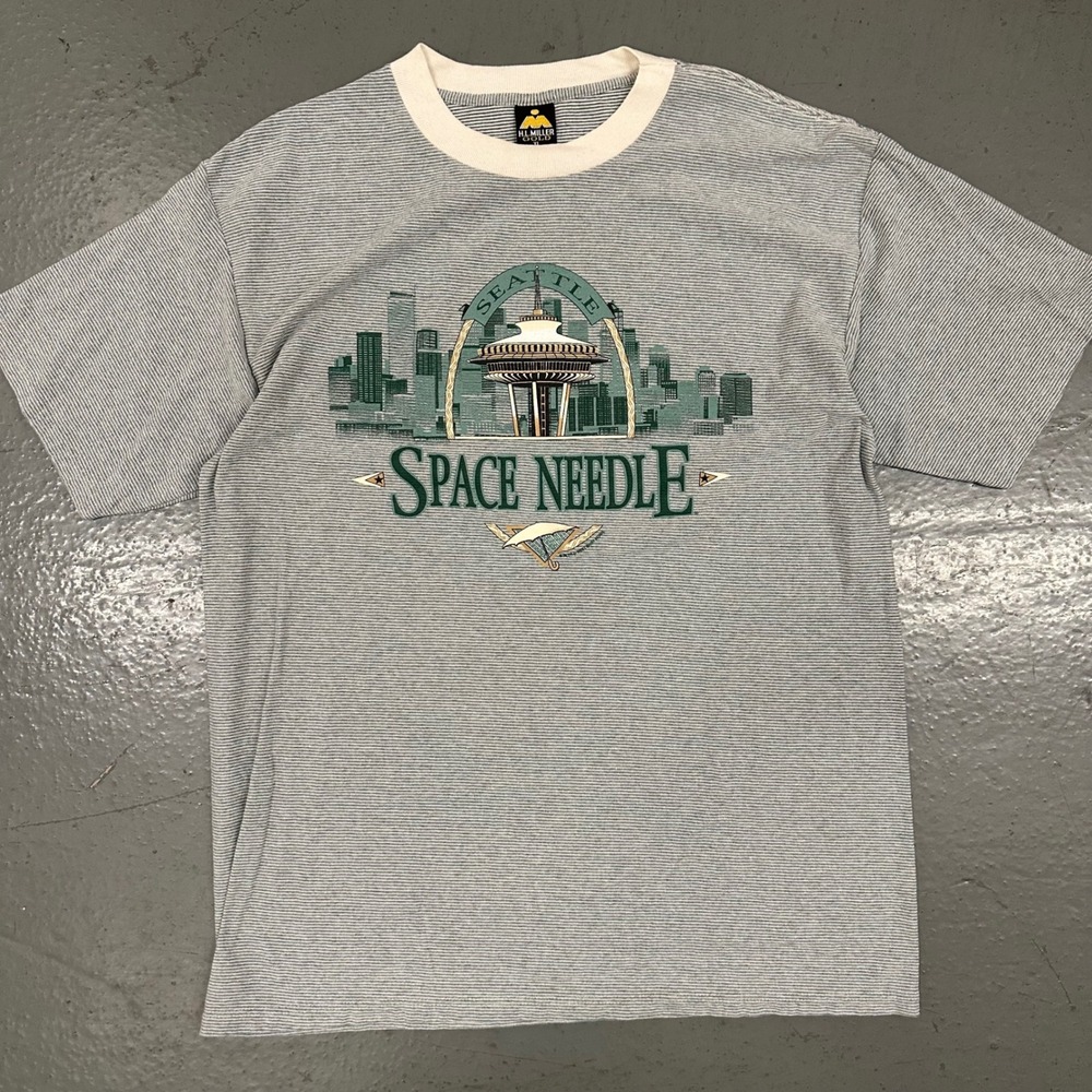 Vintage H.L. Miller Gold Mens Seattle Space Needle XL Blue Preowned Striped Tee